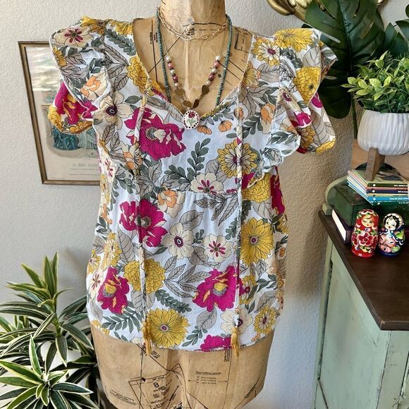 Unique Spectrum Floral Marigold Yellow Pink Green Ruffle Tassel Blouse Sz M - Picture 1 of 9